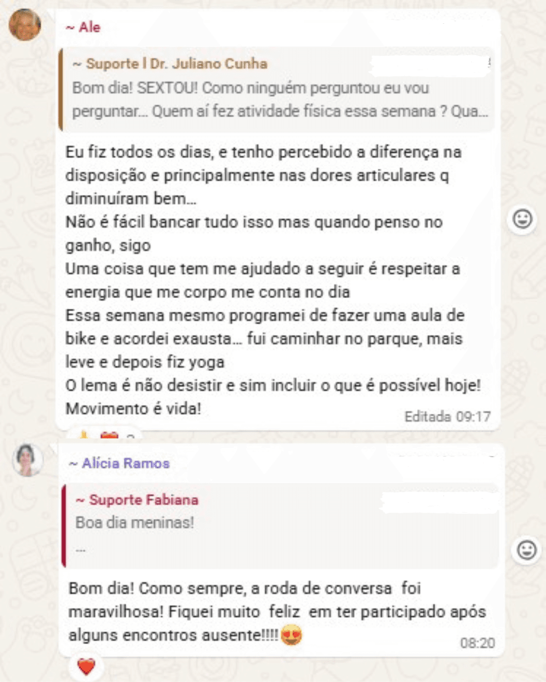 Print de conversa do grupo de apoio Vida Além do Câncer