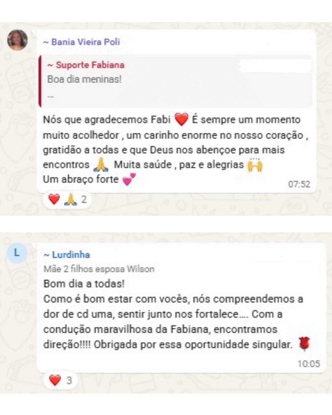 Print de conversa do grupo de apoio Vida Além do Câncer
